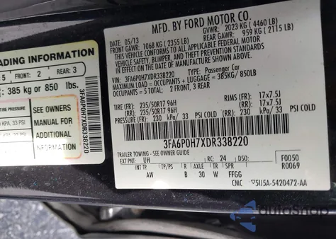 2013 Ford Fusion Se z USA, uszkodzony, nr VIN 3FA6P0H7XDR338220